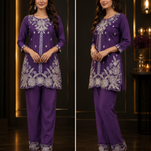 Purple Gold Embroidered Kurta & Pant Co-ord Set