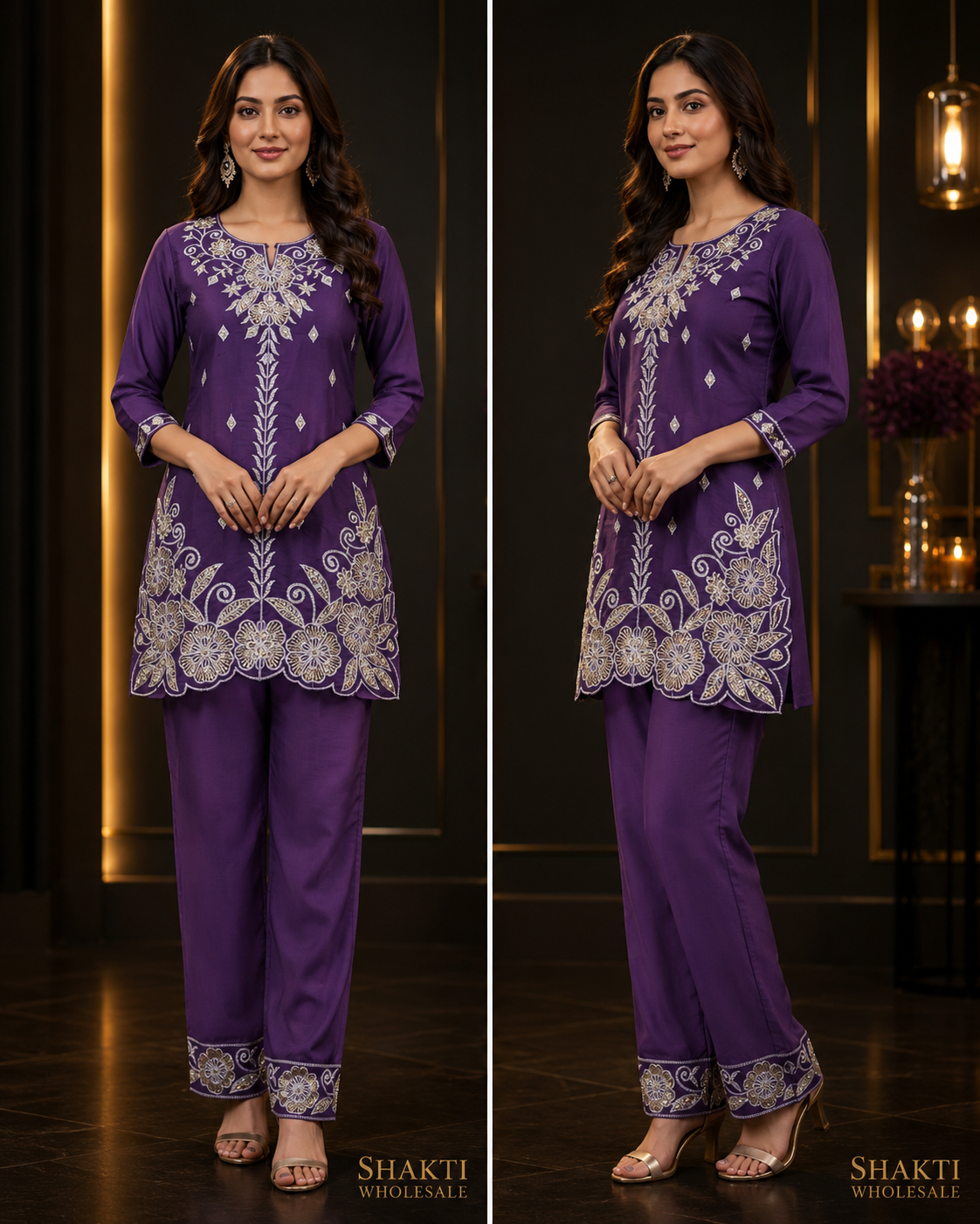 Purple Gold Embroidered Kurta & Pant Co-ord Set