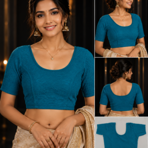 Teal Crushed Texture Readymade Blouse - Detailed Views