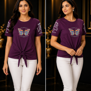 Purple Butterfly Print Tie-Front Tee