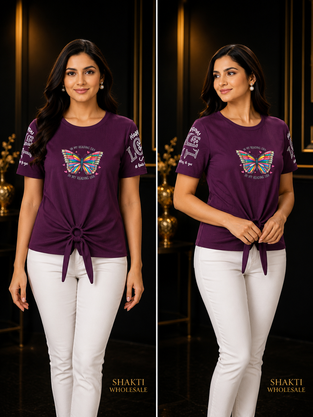 Purple Butterfly Print Tie-Front Tee
