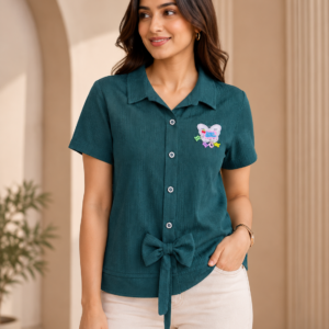 Teal Textured Bow-Tie Collared Shirt