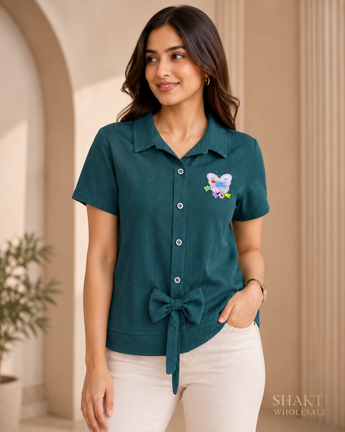 Teal Textured Bow-Tie Collared Shirt