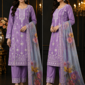 Lilac Chikankari Kurta, Pant & Floral Dupatta Set - Two Views