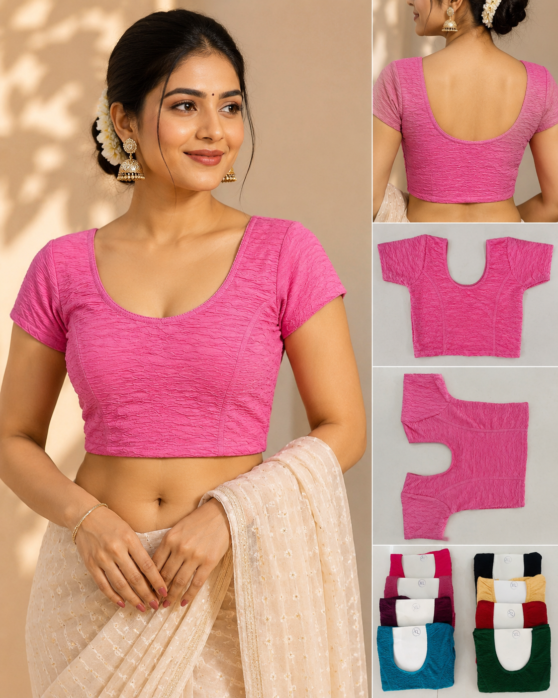Pink Crushed Texture Readymade Blouse - 8 Colours