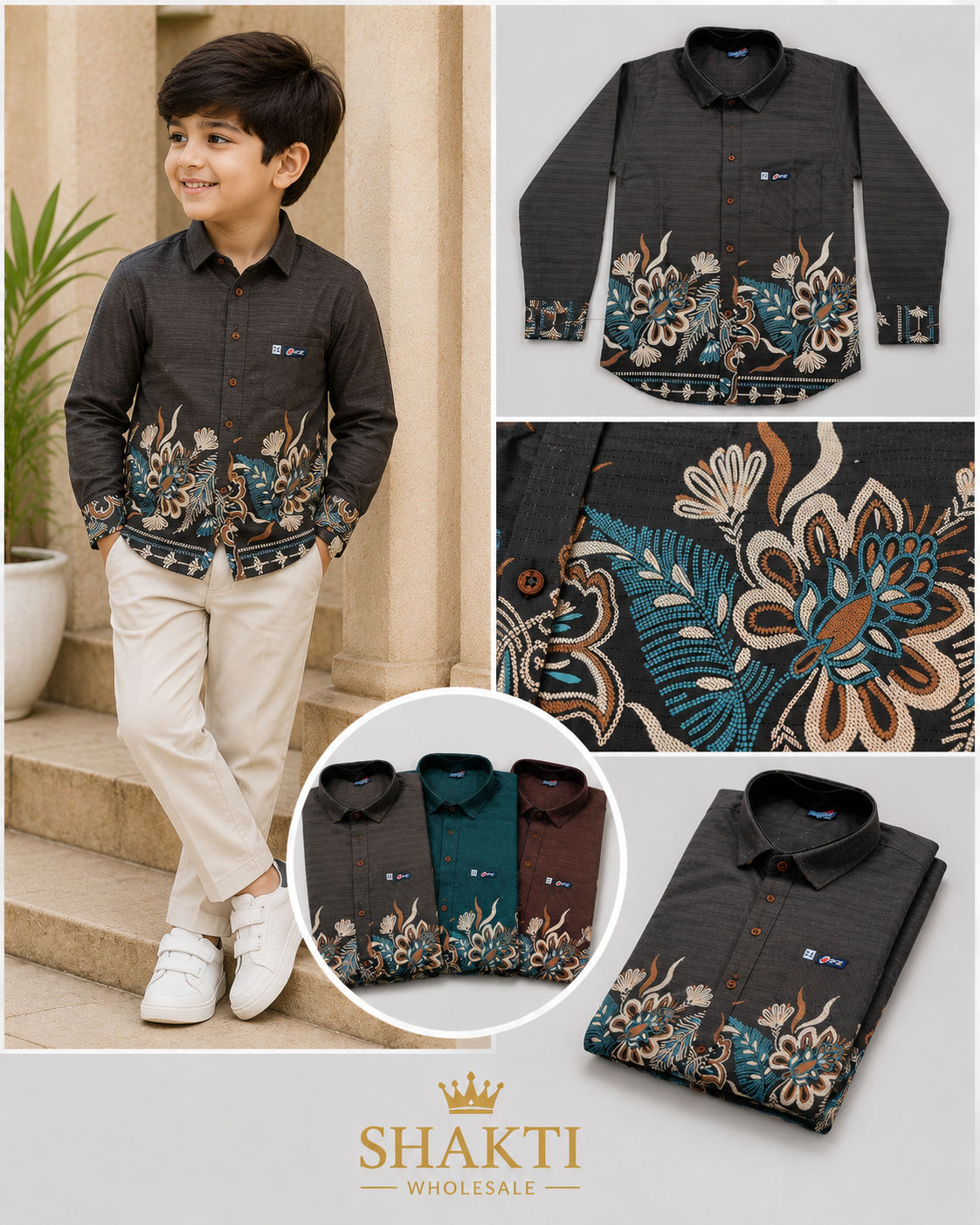 Boys Full-Sleeve Shirt with Floral Border Print