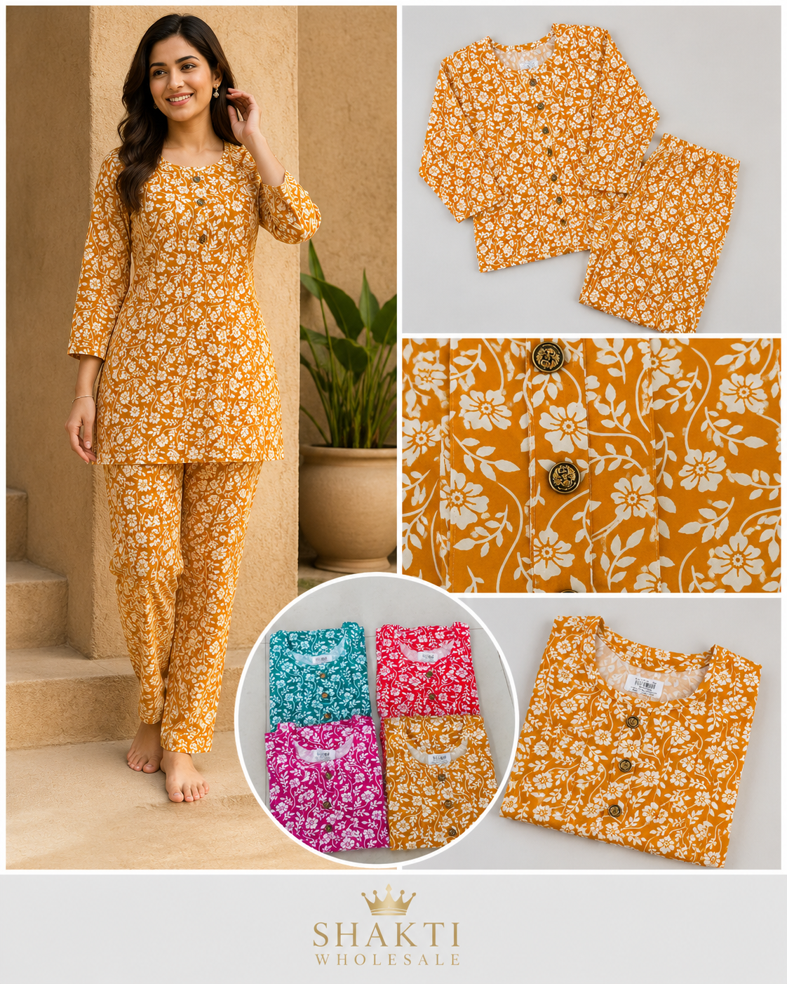 Mustard Floral Print Night Suit - 4 Colours