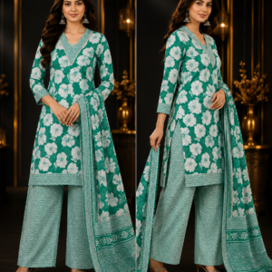 Green Floral Kurta, Chevron Palazzo & Dupatta Set - Two Views