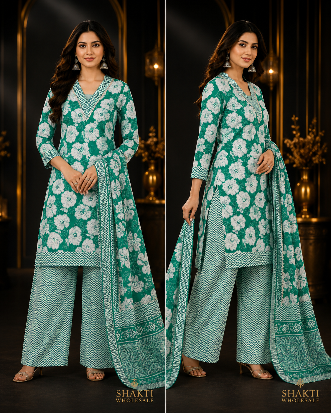 Green Floral Kurta, Chevron Palazzo & Dupatta Set - Two Views