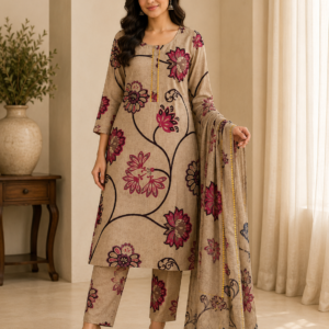 Beige Lotus Print Kurta, Pant & Dupatta Set
