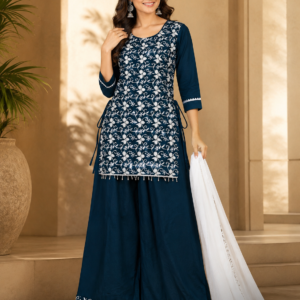 Teal Blue Embroidered Short Kurta, Palazzo & Dupatta Set