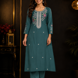 Teal Green Embroidered Straight Kurta & Pant Set