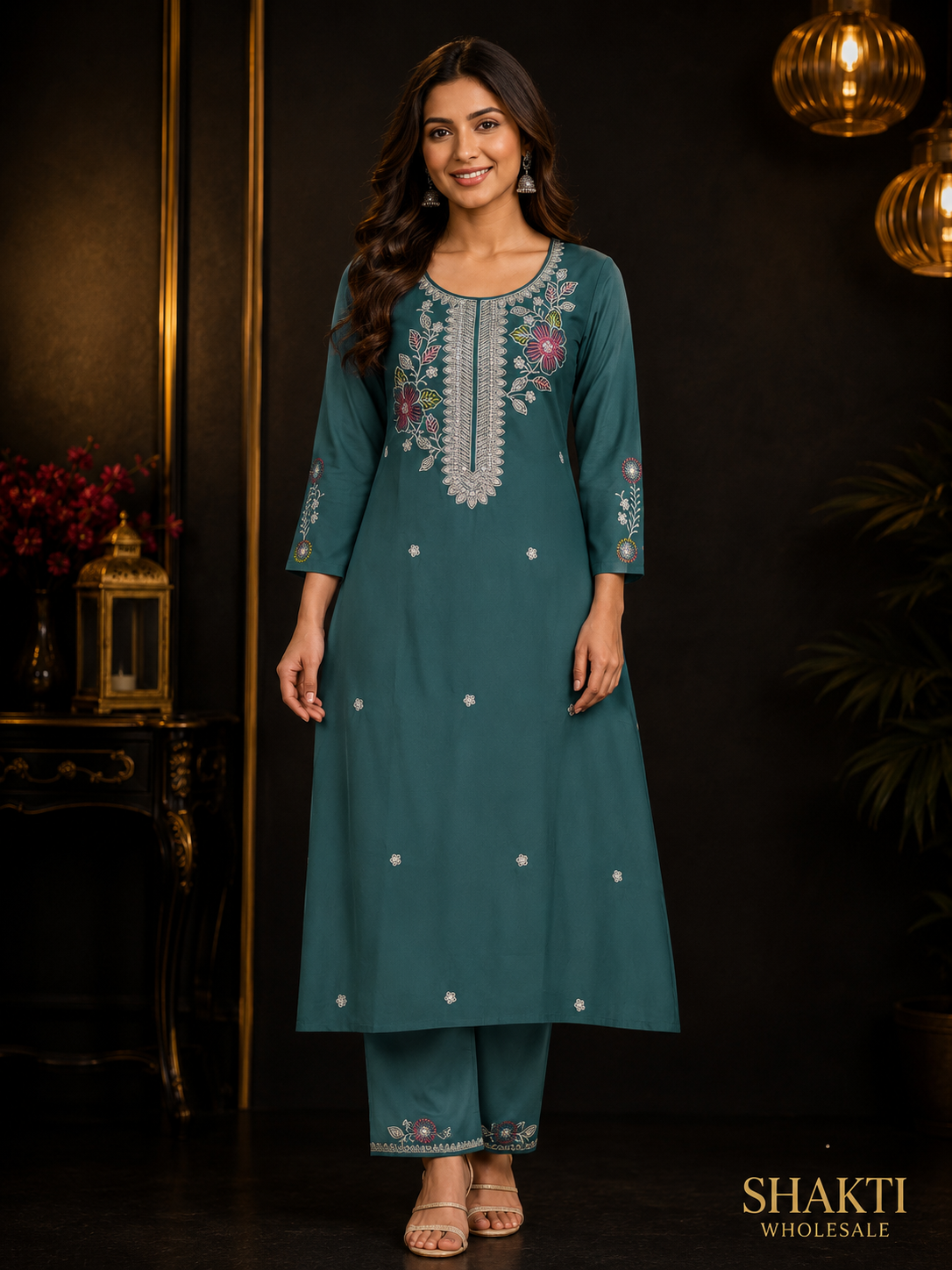 Teal Green Embroidered Straight Kurta & Pant Set