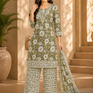 Olive Floral Kurta, Chevron Palazzo & Dupatta Set