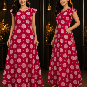 Red Mandala Print Flutter-Sleeve Maxi Gown