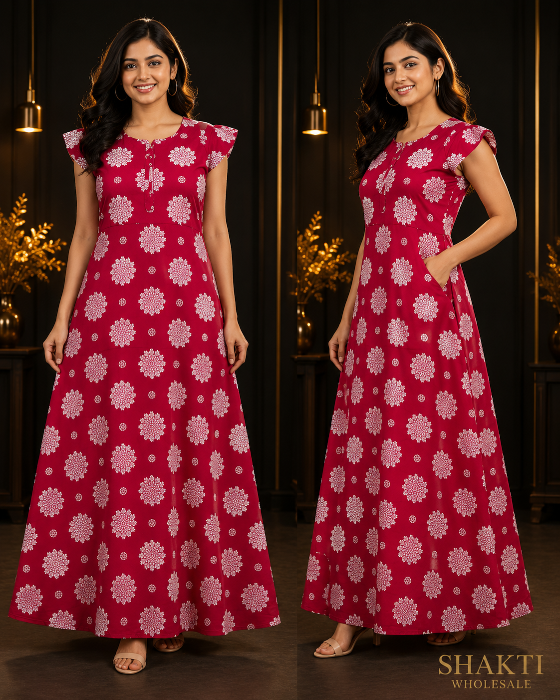 Red Mandala Print Flutter-Sleeve Maxi Gown