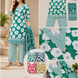Green Floral Kurta, Chevron Palazzo & Dupatta Set - 4 Colours