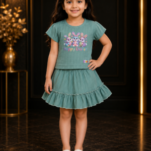 Girls Teal Bunny Print Top & Ruffle Skirt Set