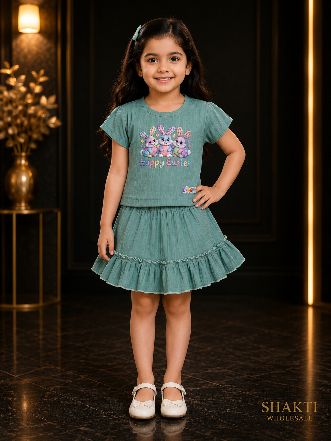 Girls Teal Bunny Print Top & Ruffle Skirt Set