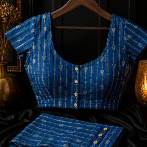 Royal Blue Gold Print Readymade Blouse with Fabric