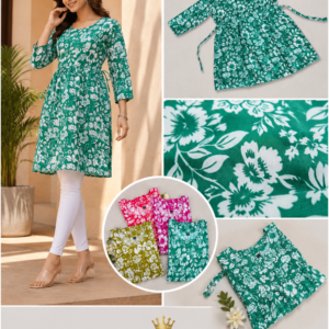 Green Floral A-Line Short Kurti with Side Ties - 4 Colours