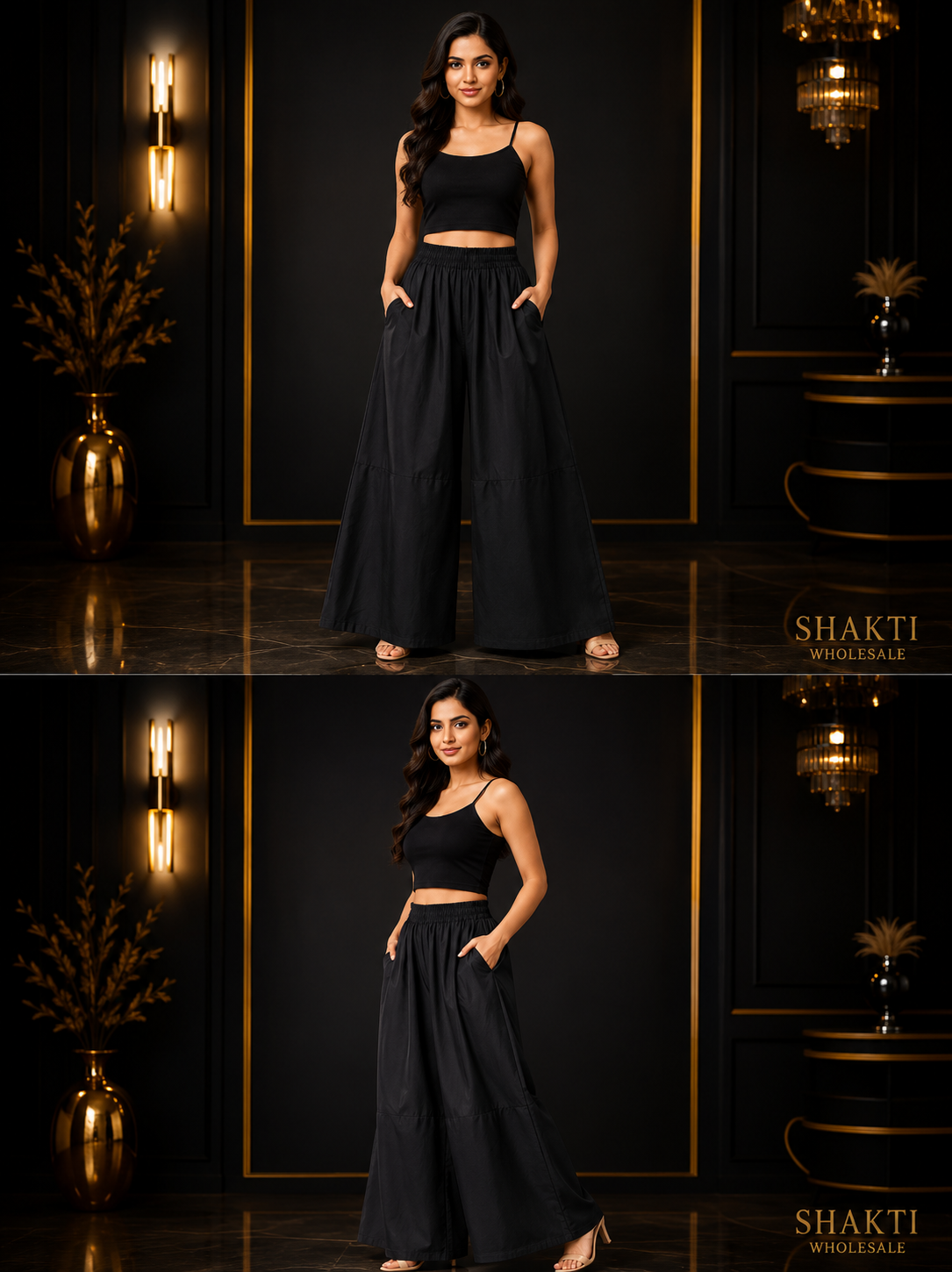 Black Tiered Wide-Leg Palazzo with Pockets