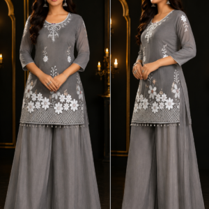 Grey Organza Embroidered Kurta & Sharara Set - Two Views