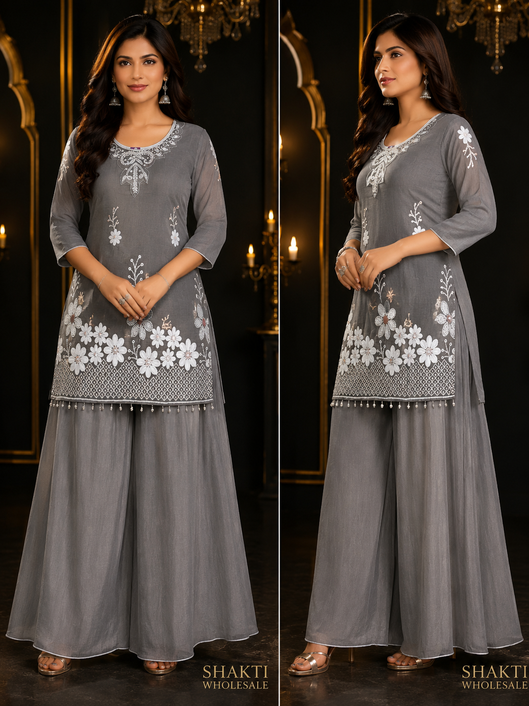 Grey Organza Embroidered Kurta & Sharara Set - Two Views