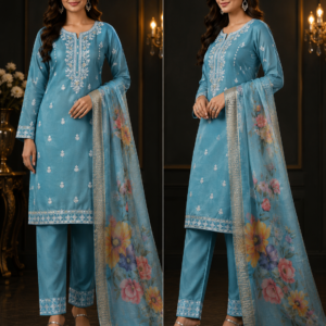 Blue Chikankari Kurta, Pant & Floral Dupatta Set - Two Views