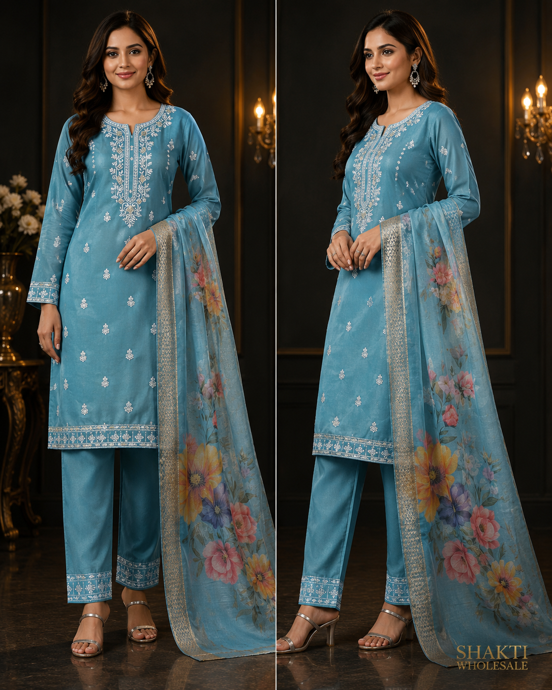 Blue Chikankari Kurta, Pant & Floral Dupatta Set - Two Views