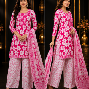 Rani Pink Floral Kurta, Palazzo & Dupatta Set