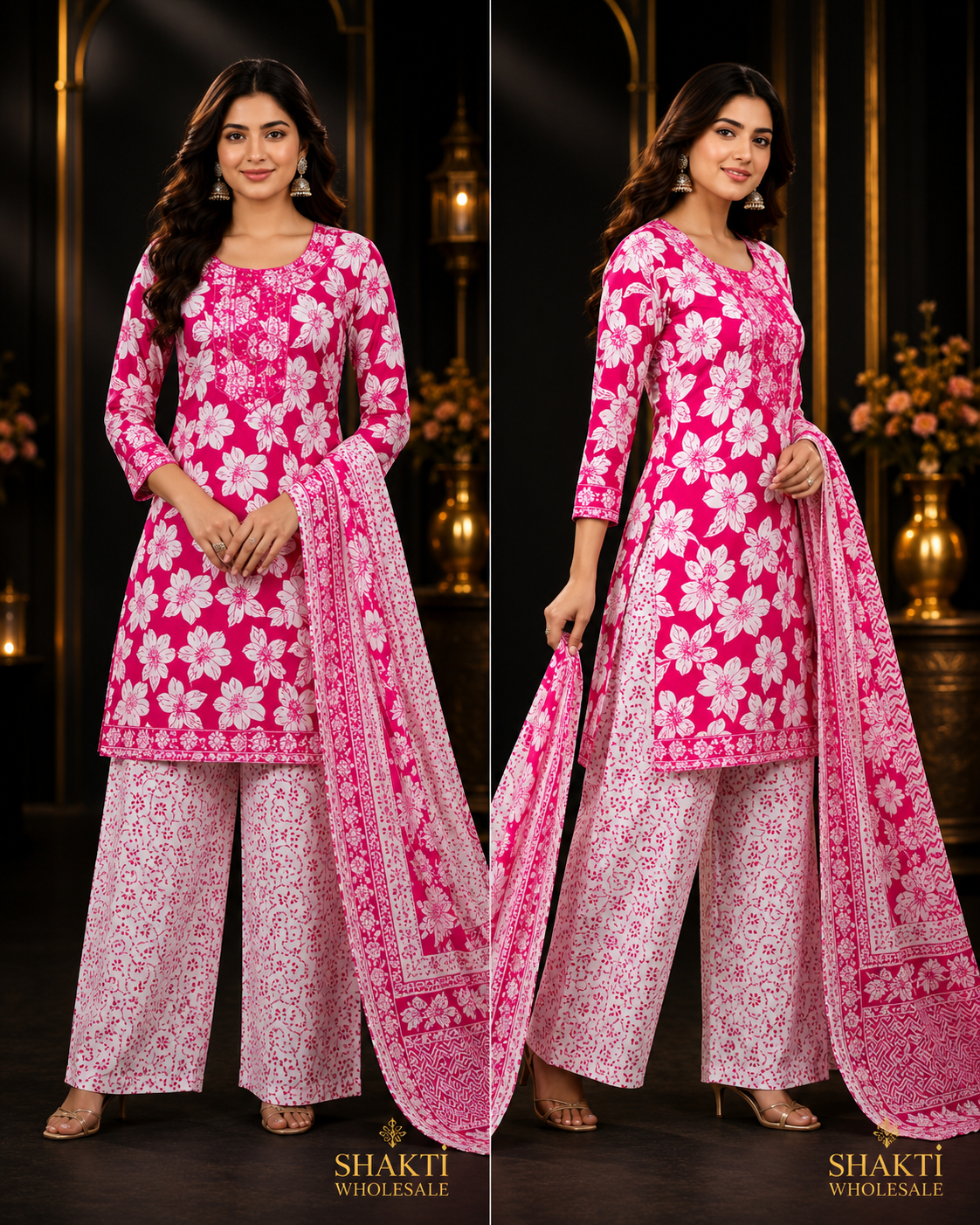 Rani Pink Floral Kurta, Palazzo & Dupatta Set