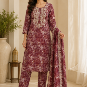 Maroon Marble Print Kurta, Pant & Dupatta Set