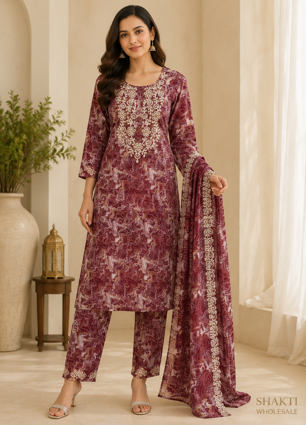 Maroon Marble Print Kurta, Pant & Dupatta Set