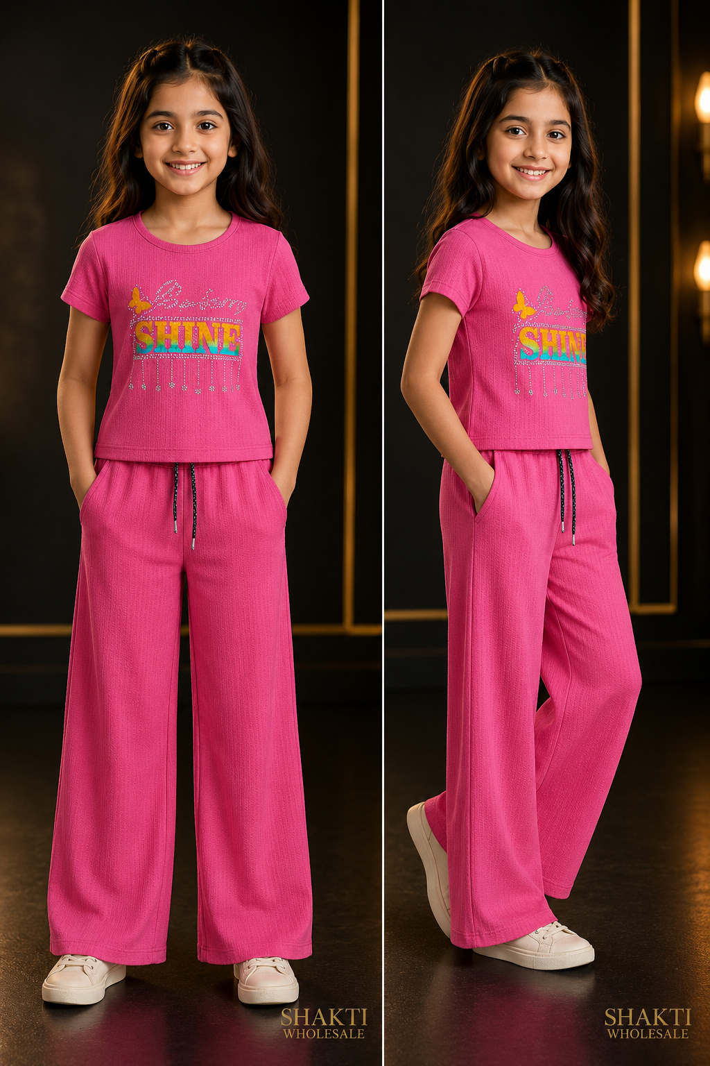 Girls Pink 'Shine' Tee & Wide-Leg Trouser Set