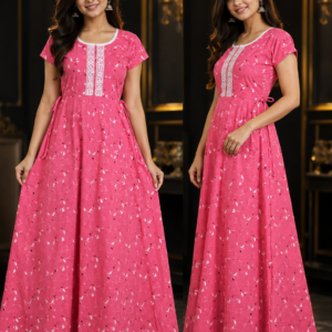 Pink Printed Maxi Gown with Lace Placket
