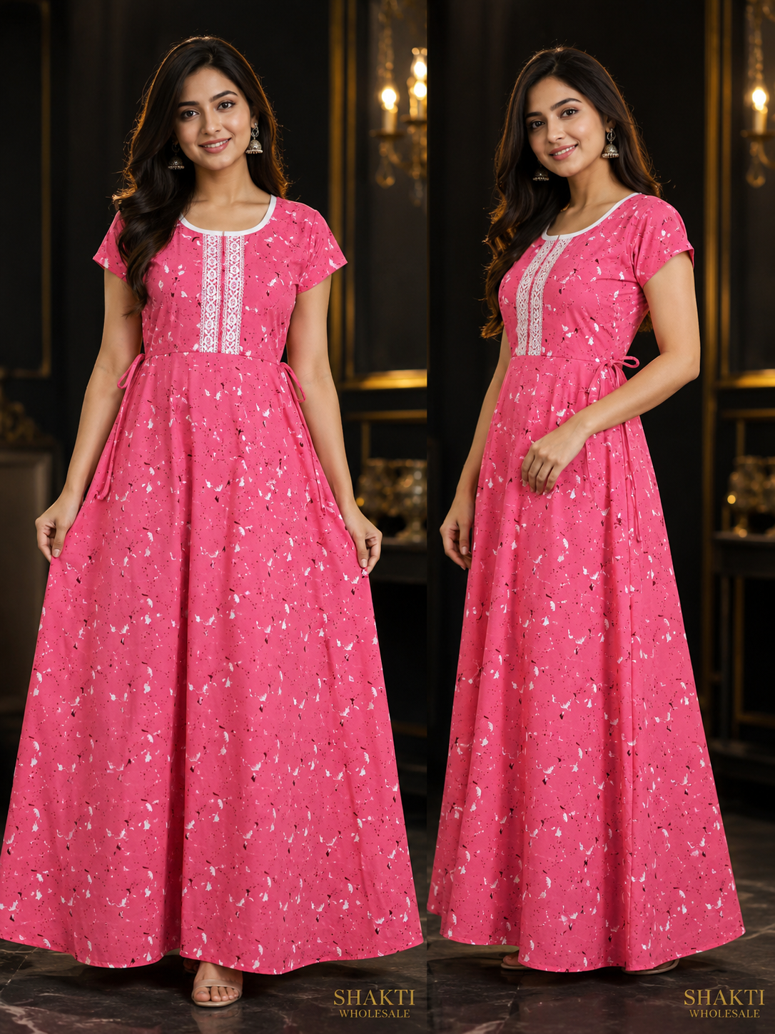 Pink Printed Maxi Gown with Lace Placket