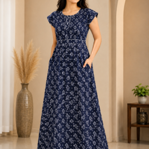 Navy Bandhani Print Maxi Nighty with Pockets