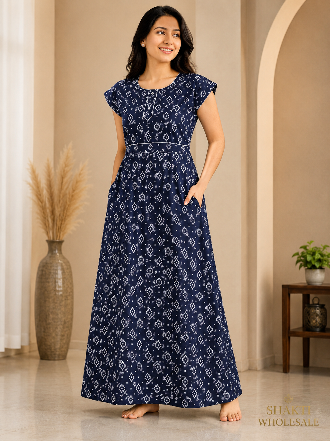 Navy Bandhani Print Maxi Nighty with Pockets