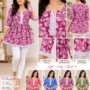 Hibiscus Print Lace-Trim Peplum Top - 4 Colours