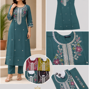 Teal Embroidered Straight Kurta & Pant Set - 4 Colours
