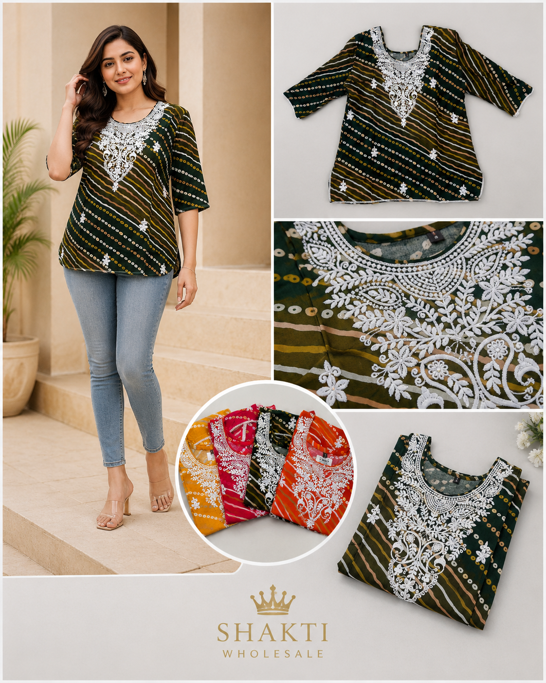 Green Lehariya Chikankari Embroidered Top - 4 Colours