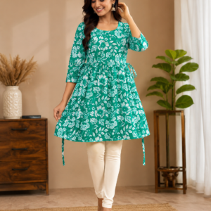 Green Floral A-Line Short Kurti - Styled