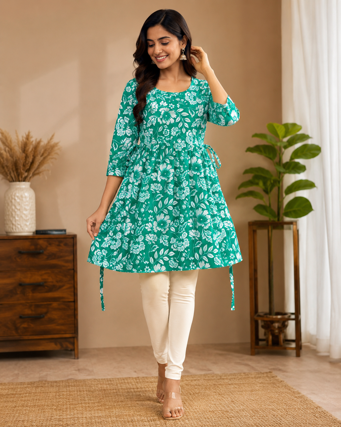 Green Floral A-Line Short Kurti - Styled