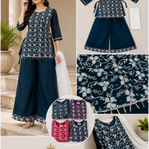 Navy Embroidered Short Kurta, Palazzo & Dupatta Set - 4 Colours
