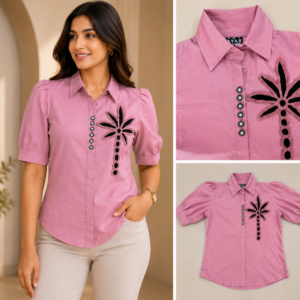 Pink Palm Tree Embroidered Collared Shirt