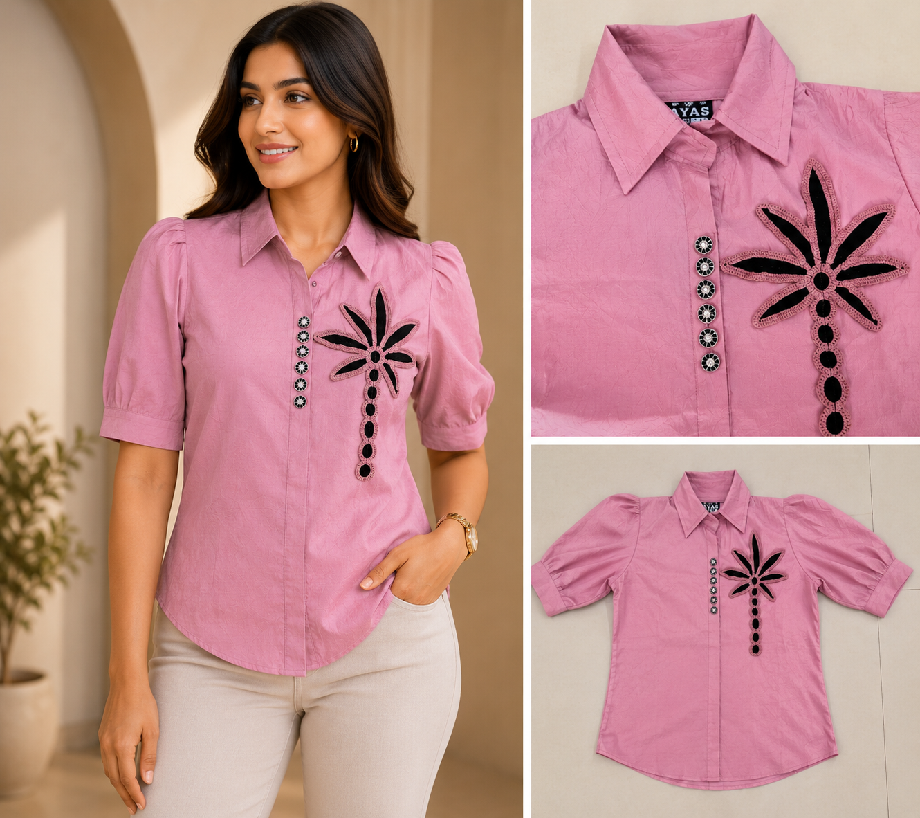 Pink Palm Tree Embroidered Collared Shirt