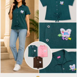 Teal Bow-Tie Collared Shirt with Butterfly Patch - 3 Colours