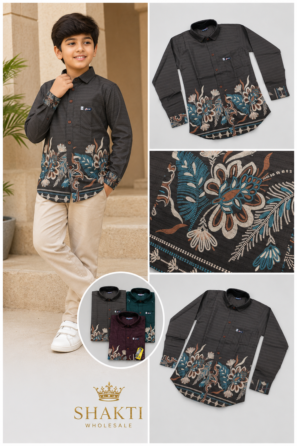 Boys Charcoal Border-Print Full-Sleeve Shirt