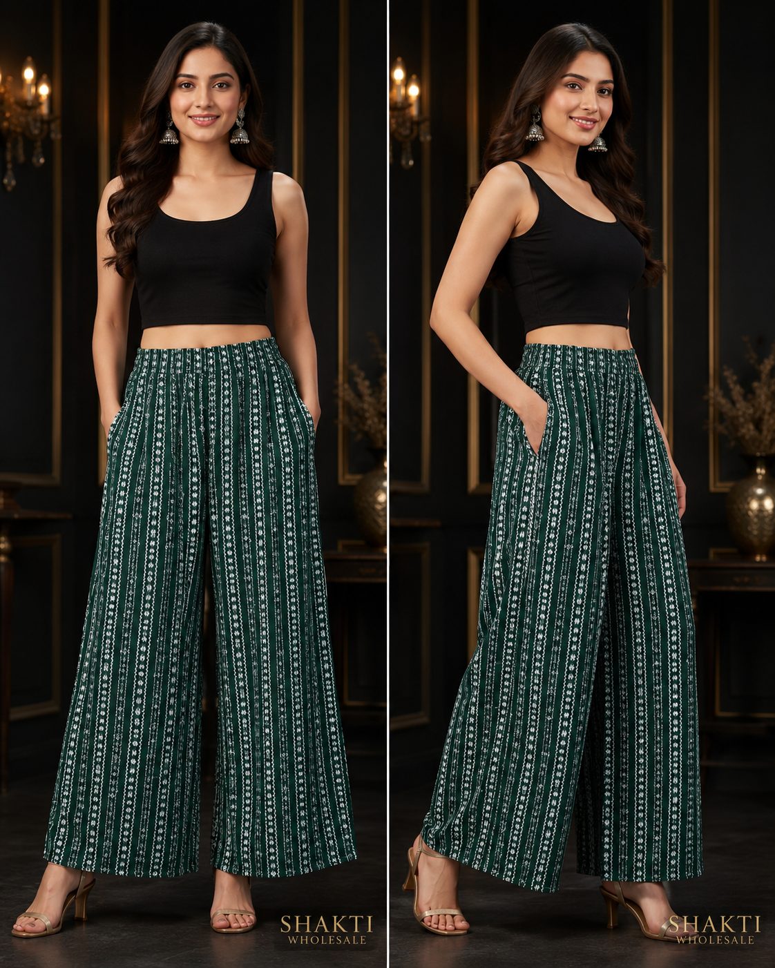 Green Bandhani Stripe Palazzo - Two Views
